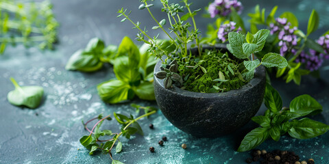  herbals natural medicine aromatic herbs with mortar fresh spices Grinding herbs with a mortar and pestle