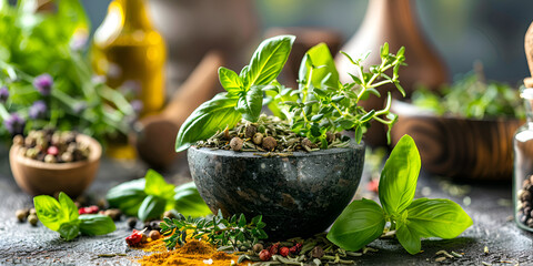  herbals natural medicine aromatic herbs with mortar fresh spices Grinding herbs with a mortar and pestle
