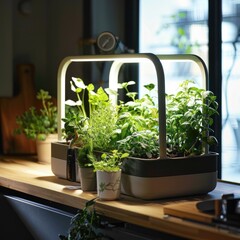Cozy indoor herb garden with potted plants and soft grow lights