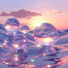 Floating 3D glass spheres over a luminous abstract landscape - obrazy, fototapety, plakaty