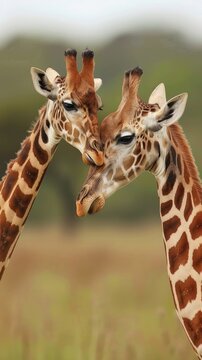 Two giraffes necking gently in the savannah