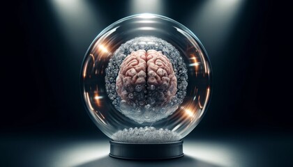 Fototapeta na wymiar Encapsulated Human Brain in a Crystal Sphere - Metaphor for Intellectual Containment and Clarity