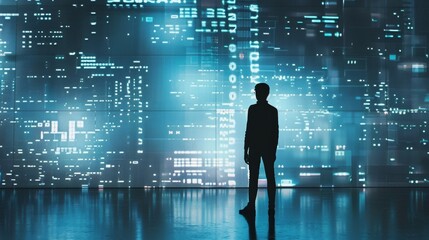 A silhouette of a person standing in front of a giant digital screen with a flow of data showing various cyber threats and vulnerabilities. Cybersecurity and data visualization concepts.