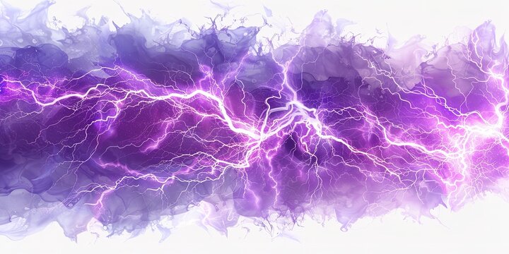 A purple thunder on plain white backdrop with purple smoke and big space for text perfect for background, Generative AI.