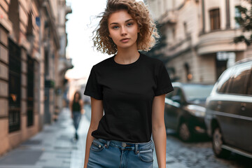 Fototapeta premium Young Woman Black T-Shirt Mockup, The Essential Wardrobe Staple: A Versatile Black T-Shirt for Your Brand, Endless Creative Possibilities: A Blank Black T-Shirt Awaiting Your Vision