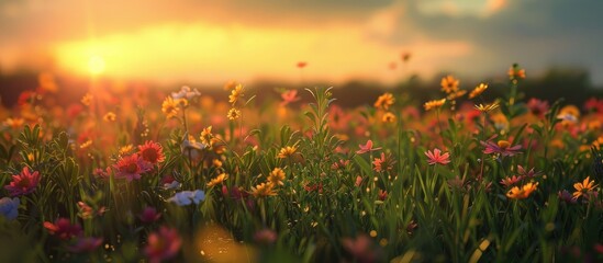 The sun sets in the meadow of flowers. - obrazy, fototapety, plakaty
