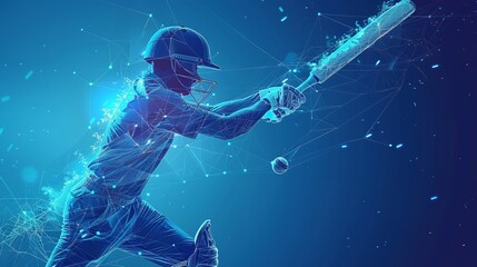 Over a blue geometric backdrop, a low poly wireframe tandem format style art depicts a man youth player colliding with a cricket ball and space, Generative AI. - obrazy, fototapety, plakaty