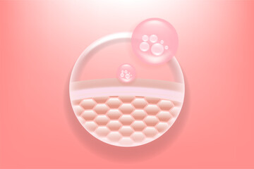 Obraz premium Hyaluronic acid and Niacinamide skin solutions ad. pink collagen serum drops into skin cells with cosmetic advertising background ready to use, illustration vector.