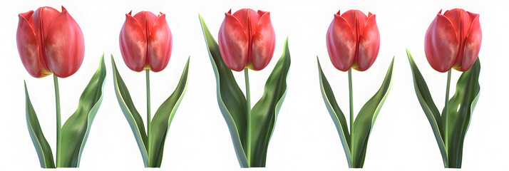 Five red tulips with green leafs on white background