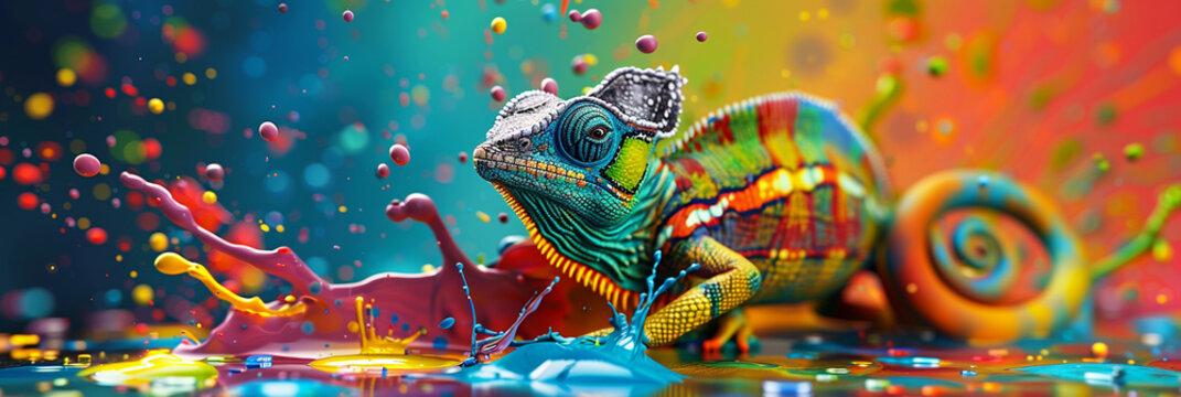 Vibrant chameleon blending into colourful paint background