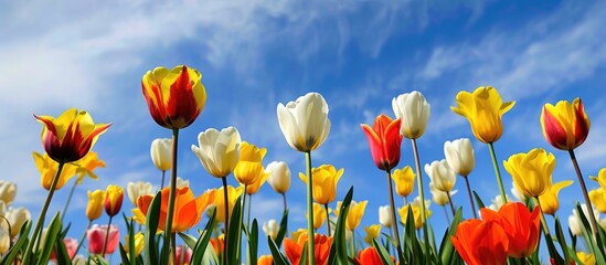 Spring flowers, such as tulips and daffodils set against a backdrop of blue skies.