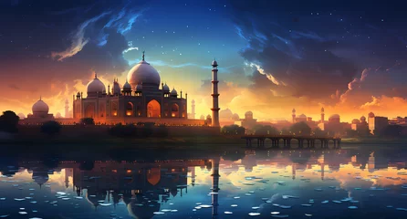Poster Oud gebouw A beautiful painting of the Indian landscape with the Taj Mahal