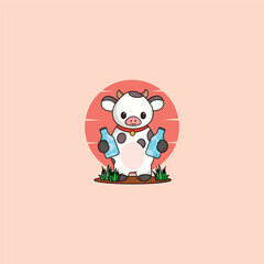 cute cow cartoon mascot logo design illustration concept hold milk. animal icon illustration flat style logo