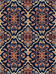 Seamless dark blue pattern with ornamental flowers. Vintage floral damask ornament. Background for wallpaper, textile, carpet and any surface.  - 787758999