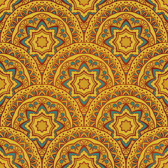 Abstract oriental pattern with round decorative elements. Vector color background. Yellow and blue design for textile, carpet, rug, wallpaper. - 787759134