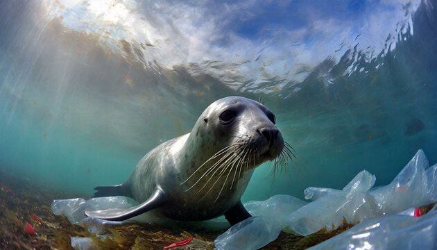 seal with plasik in the water