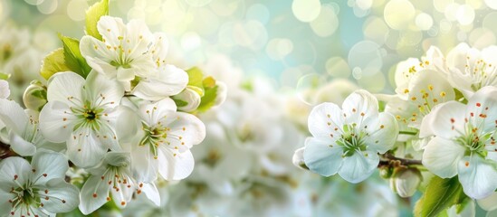 Spring floral border background featuring white blossoms