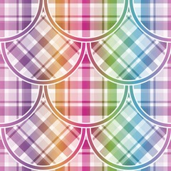 Vector hand drawn rainbow gradient checkered seamless geometric pattern with circles