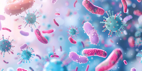 abstract bacteria probiotics gram positive background Colorful Microbes 3D Render Science Backdrop Bacterial and Viral Microcosm Science of Microbiology and Disease Probiotics Bacteria Biology Science - obrazy, fototapety, plakaty