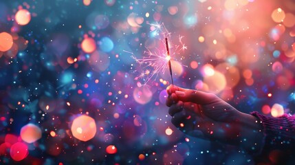 Hand holding a lit sparkler against a blurry background of multicolored lights. - obrazy, fototapety, plakaty