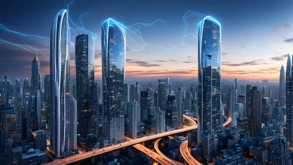 Fotobehang Scenery of the urban skyline, towering buildings, commercial and financial office areas, smart cities, traffic flow, and a sense of technology © StellarK