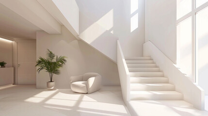 Beige Scandinavian style stairs in a cozy lounge interior.