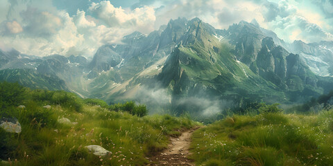 Beautiful mountain landscape with green grass and blue sky Mountain Morning Hike Background.AI Generative