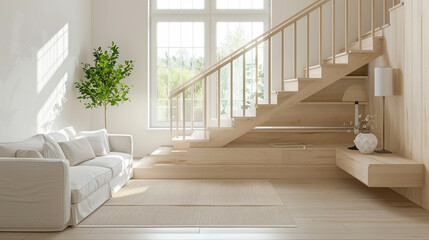 Beige Scandinavian-style stairs in a stylish lounge with a large window and natural light filtering through.