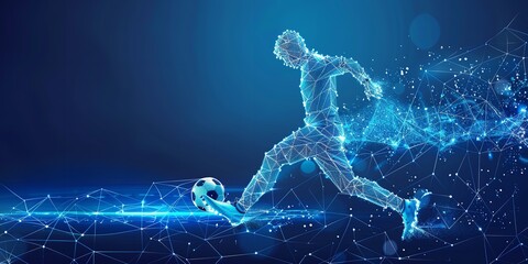 Over a blue geometric backdrop, a low poly wireframe tandem format style art depicts a man youth player colliding with a football and space, Generative AI. - obrazy, fototapety, plakaty