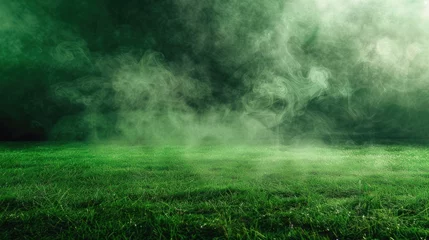 Fotobehang Background green grass smoke cloud fart soccer night field dust poison potion floating sport transparent dirty fog stadium stink mist. © JuJamal