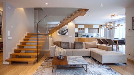 Beige stairs designed with a Scandinavian flair in a contemporary living room.