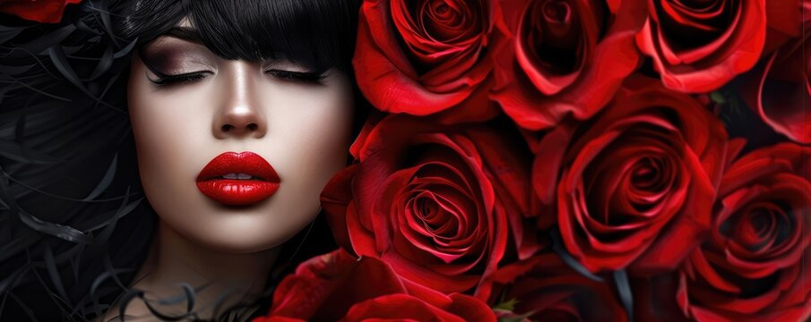 Lady with black hair touching red rose to the lips