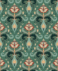 Pattern with ornamental flowers. Turquoise floral ornament. Template for wallpaper, textile, carpet and any surface.  - 787761301