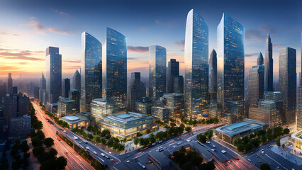 Scenery of the urban skyline, towering buildings, commercial and financial office areas, smart...