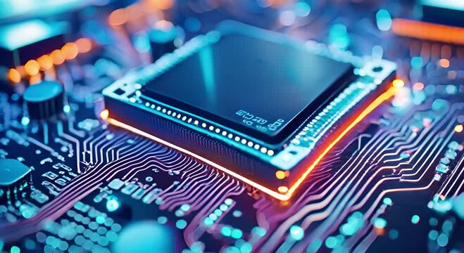 Close-up of Microchip on Motherboard, Ideal for Tech Projects, Technology Background