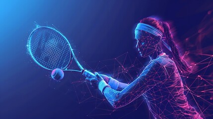 Over a blue geometric backdrop, a low poly wireframe tandem format style art depicts a lady tennis player colliding with a tennis ball and space, Generative AI. - obrazy, fototapety, plakaty