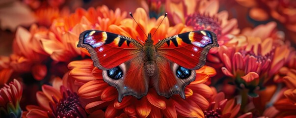 Red peacock butterfly on chrysanthemum flower