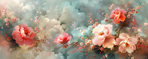 Pink flowers bloom on a blue canvas, creating a serene natural landscape - obrazy, fototapety, plakaty