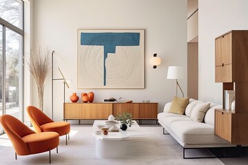 Modern Living Room with Blue Abstract Wall Art, Orange Accent Chairs and Sustainable Furniture