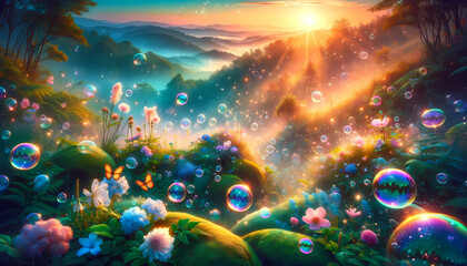 Dreamy Meadow at Golden Hour with Glowing Bubbles