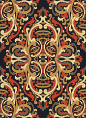 Vector damask pattern with stylized mask. Mystical abstract design with a faces. Seamless template for wallpaper, textile, carpet.  - 787762906