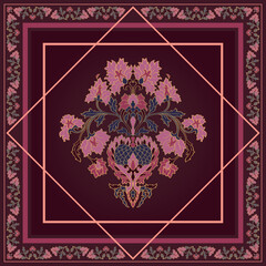 Burgundy silk neck scarf with a flowers. Vector design for a neckerchief, carpet, kerchief, bandana, shawl, tablecloth. Traditional ethnic pattern.