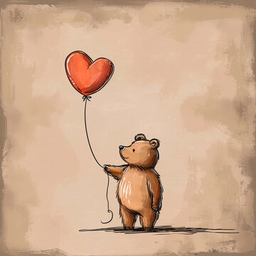 asthetic cartoon pic of a bear holdind heart shaped balloon,plain creamy brown background