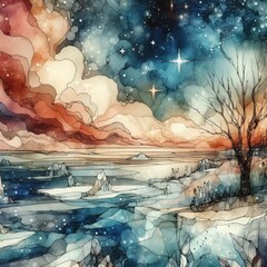 Abstract Watercolor Winter Landscape with Sparkling Stars with Generative AI.