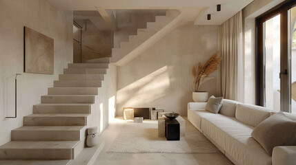 Beige stairs harmonizing with Scandinavian design in a well-lit lounge with a window.