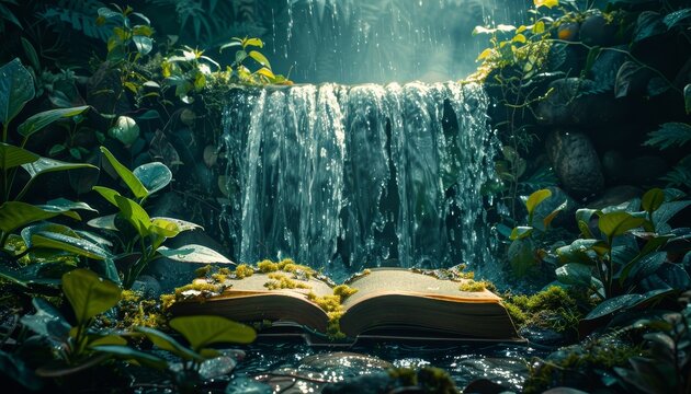 A book is open on a waterfall by AI generated image