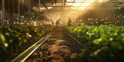 A serene image of a lush greenhouse with plants and glowing lights creating a warm, welcoming background atmosphere - obrazy, fototapety, plakaty