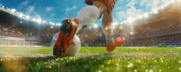 epic feet of soccer player kicks on soccer ball