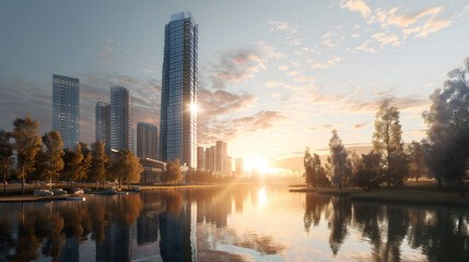 Sunset Over City and Country Skylines with River Reflection