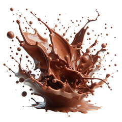 3D splash of chocolate liquid, brown, white background, isolated object PNG
